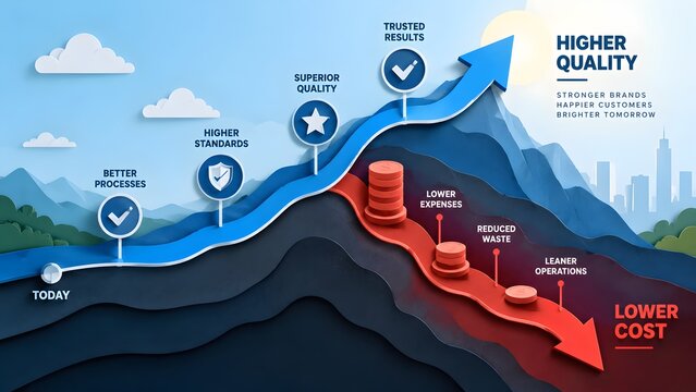 Papercut landscape with rising blue quality arrow and descending red cost reduction arrow showing business performance strategy