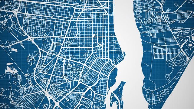 Ink reveal animation of Aracaju city, Sergipe, Brasil (Brazil) grid map. Aerial top view. Blueprint style. White lines with blue background. 4K Seamless loop.