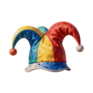 Colorful jester hat with patterned fabric and dangling pompoms