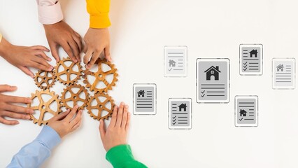 Collaborative Teamwork Concept with Diverse Hands Working Together with Gears and House Icons...