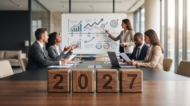 2027 business goals and new year resolution concept. Wooden blocks with 2027 numbers on desk against blurred background of diverse multiracial corporate team planning strategy in modern office