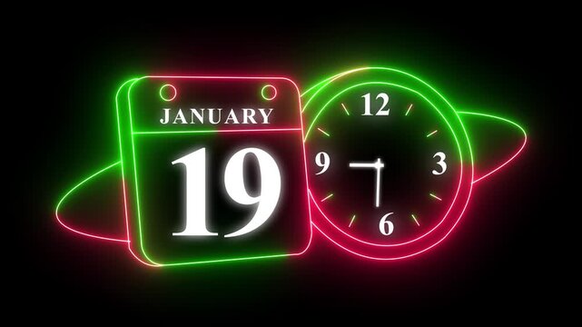 Neon glowing calendar and clock showing january 19 and time 3:10