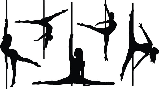 Set of black silhouette illustrations of women performing various pole dancing athletic moves isolated on white background