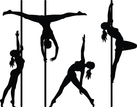 Set of black silhouette illustrations featuring women performing various athletic pole dancing poses