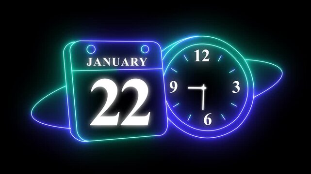 Neon digital calendar and clock showing twenty two hours