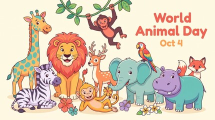 Obraz premium Colorful cartoon animals celebrating world animal day