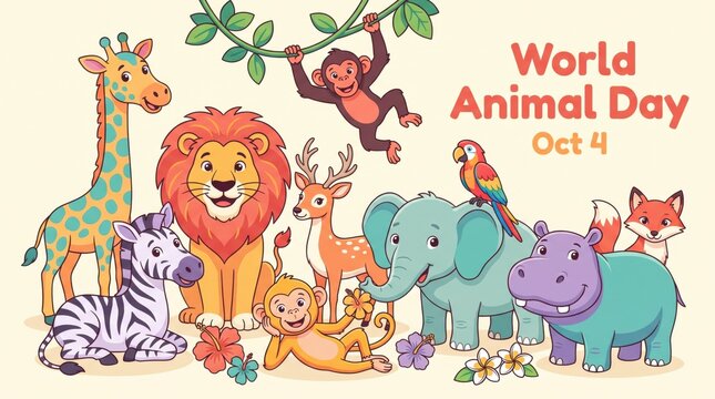 Colorful cartoon animals celebrating world animal day