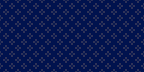 Obraz premium Luxury vector minimal seamless pattern. Simple elegant floral geometric texture. Abstract gold and deep blue background with small flowers, leaves. Elegant minimalist repeated design for decor, cover