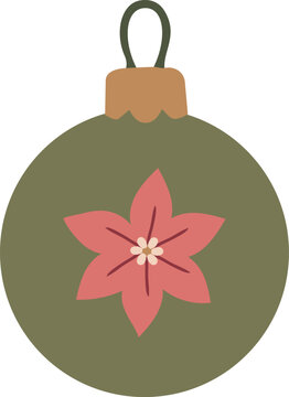 Minimal flat Christmas ornament featuring an olive green bauble decorated with a coral poinsettia flower and warm golden cap.