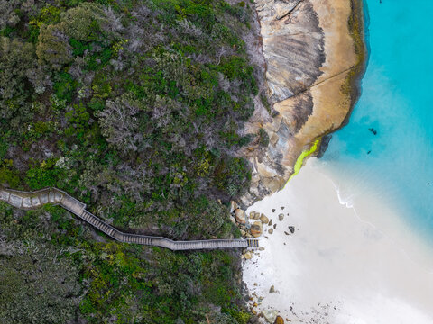 Aerial view of Frenchman Bay showing the wooden staircase leading down to the white sand beach, turquoise water, and dense coastal vegetation, Albany, Western Australia, Australia.