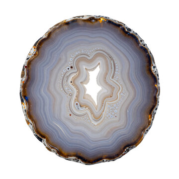 Slice of agate geode showcasing intricate banded patterns and crystal formations