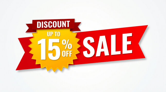 Red and yellow sale banner design with 15 percent discount offer isolated on white background