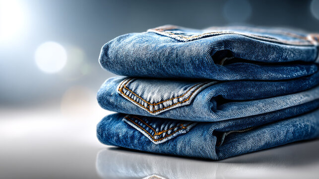 Stack of blue denim jeans folded neatly on a light surface with casual wear
