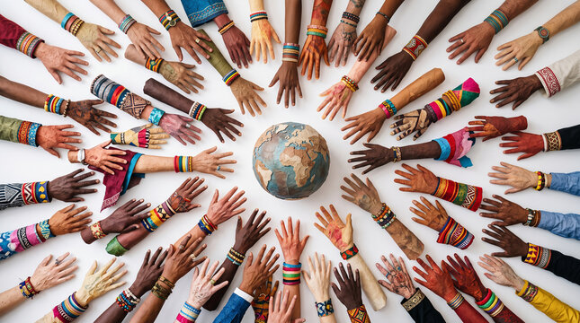 Diverse hands surrounding a globe, symbolizing global unity and community