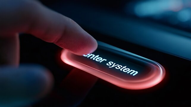 Human finger pressing a glowing red enter system button on a futuristic interface, illustrating concepts of digital login, authentication, and cybersecurity for system access
