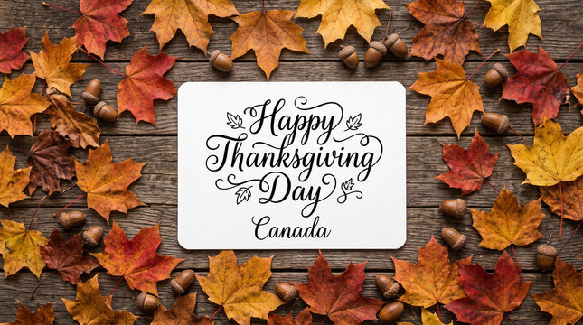 Happy thanksgiving day canada greeting card with autumn maple leaves and acorns on a rustic wooden background, top view, flat lay