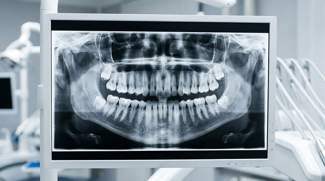 Dental panoramic x-ray displayed on a modern monitor screen inside a brightly lit sterile examination room.