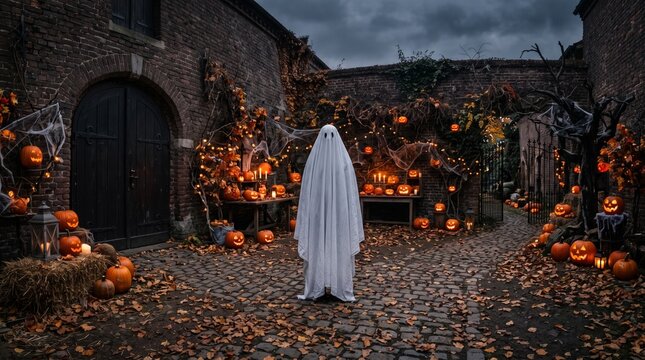Mysterious sheet ghost standing among glowing jack-o-lanterns in a courtyard