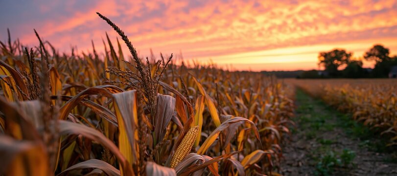 Mature cornfield at dawn with golden sky and field path in autumn