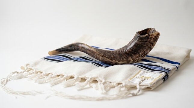 Jewish shofar horn rests on a striped white tallit prayer shawl against a clean background with space for text