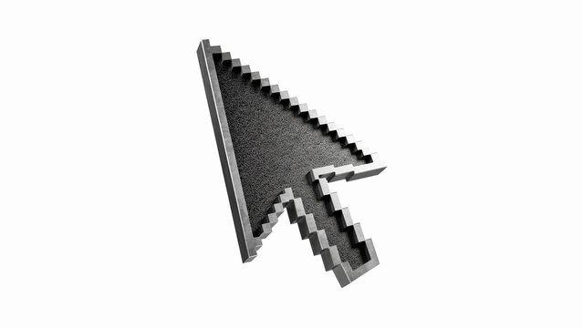Pixelated computer cursor arrow performing digital navigation in neutral setting with copy space