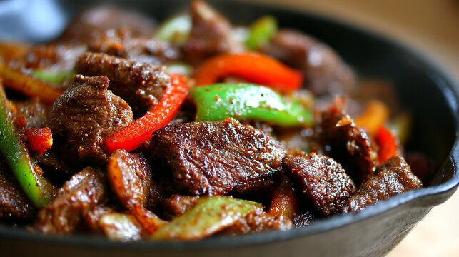 Seasoned cubed beef chunks stir fried with colorful bell peppers in iron pan