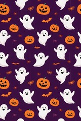 Obraz premium Cute Halloween Seamless Pattern with Ghosts, Pumpkins, Bats and Spiders