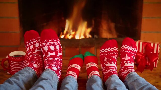 The family is sitting in front of the fireplace. People in clothes with Christmas ornaments are having fun at home. Slow motion