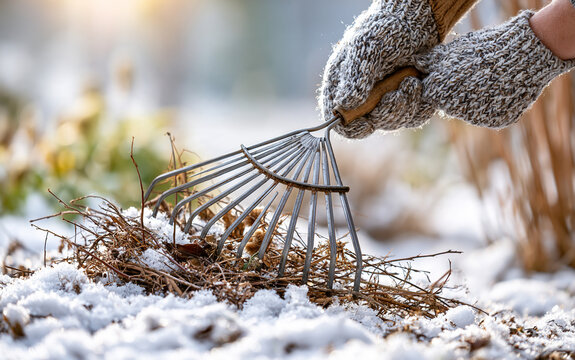 Hands clearing winter debris and twigs from a snowy garden flowerbed with a small rake