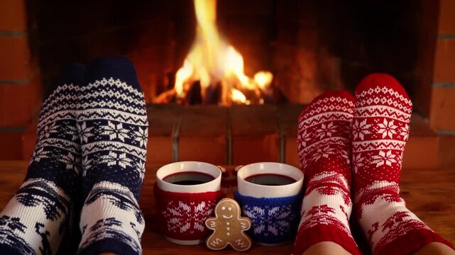 The couple is sitting in front of the fireplace. People in clothes with Christmas ornaments are having fun at home. Slow motion