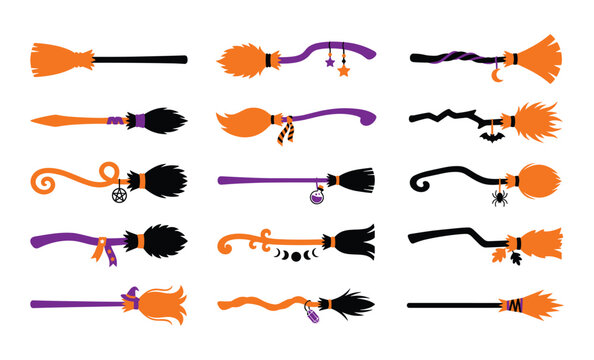 Set of fifteen colorful cartoon witch brooms for halloween design elements with witch broom magic broom halloween icon witch accessory flying broom
