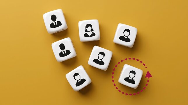 Team member dice with one highlighted by arrow on yellow background