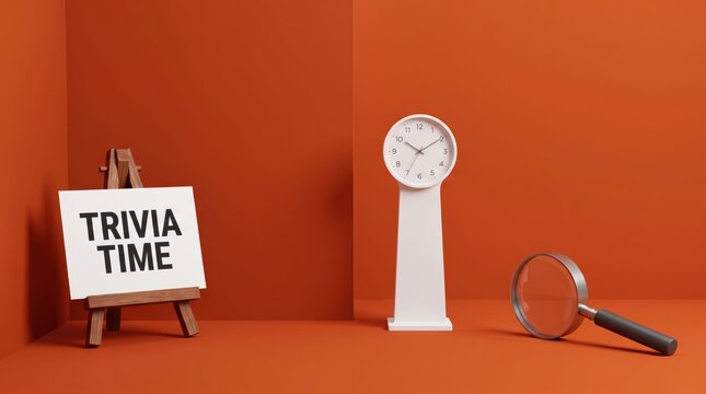 Trivia time concept with clock and magnifying glass on orange background