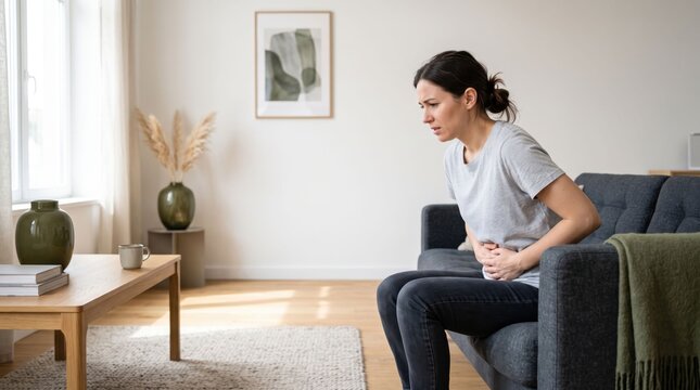 Woman working on laptop in cozy living room