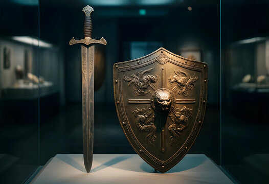 Protection and defense strategy, medieval sword and shield with ornate lion crest on display in a museum gallery for historical heritage and security