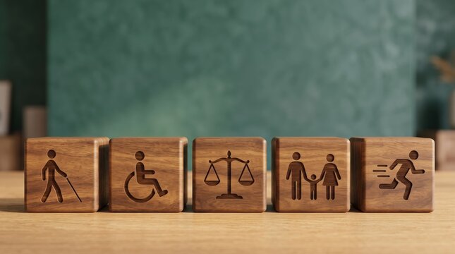Wooden blocks with disability, family and justice icons