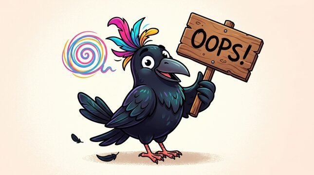 Cartoon crow holding oops sign with colorful swirl