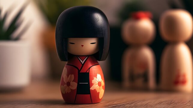 A traditional Japanese kokeshi doll with red kimono and floral patterns  standing on wooden surface with blurred background