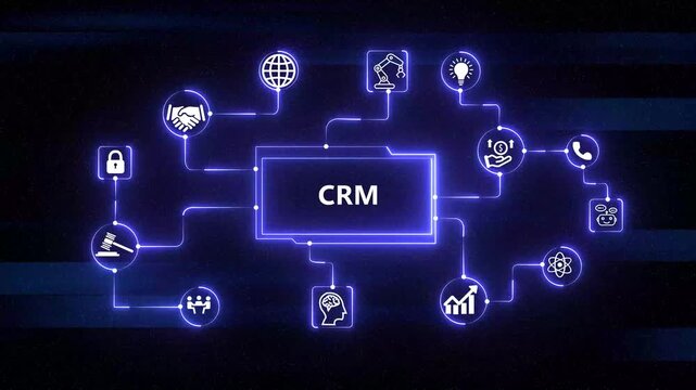 Customer relationship management crm software solution graphic loop with&nbsp; icon on interface background.4k video animation
