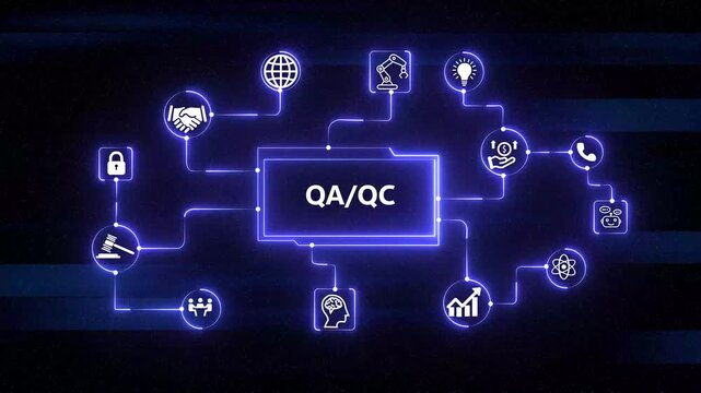 animation Quality assurance and quality control qa qc compliance standard graphic loop with icon on&nbsp; interface background. 4k video&nbsp;