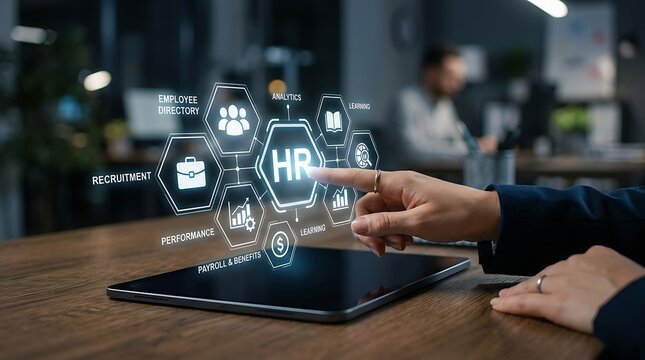 Hand interacting with futuristic hr management holographic interface on tablet