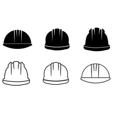Safety hard hat tools icon set featuring dual style line art and solid black glyph icons