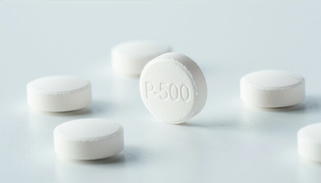 Close up shot of a round white medical tablet with P-500 text imprint standing upright on a white surface among scattered pills, conceptualizing pharmaceutical treatment and healthcare medication