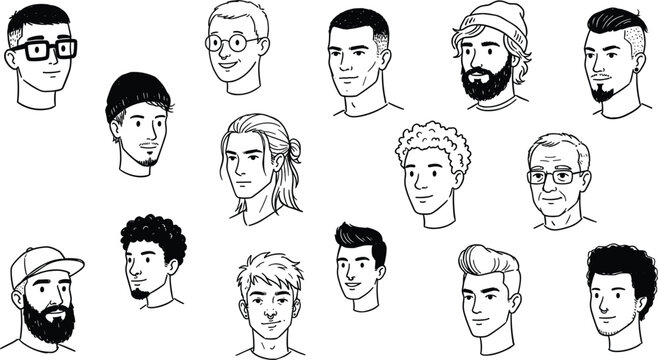 Male Men Hairstyle and Facial Beard Trends Vector Line Art Set Featuring Long Hair Buns Buzz Cut Fades Full Beards Beanies and Hipster Glasses Portraits