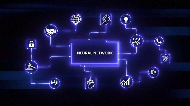 Neural network artificial intelligence and machine learning data processing graphic loop icon on&nbsp; interface background.4k video