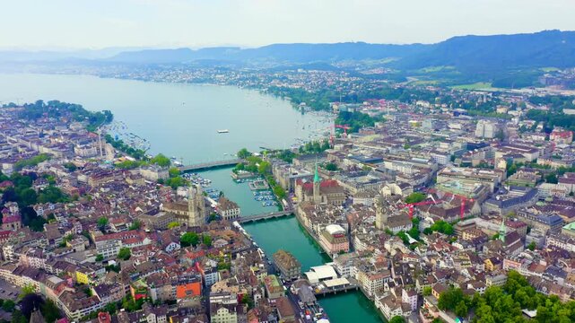 Zurich, Switzerland. Panorama of the city from the air. View of Zurich Lake. Limmat River Expiry Site. Drone footage