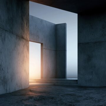 abstract concrete architectural structure with light streaming through an open doorway