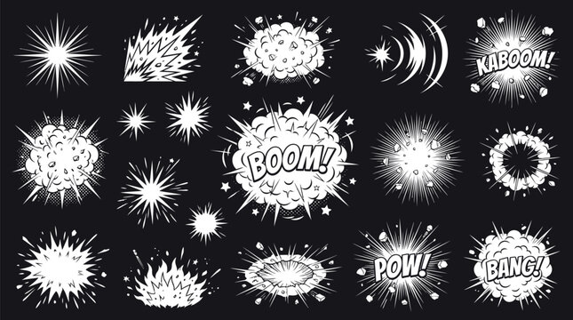 Comic book explosion set blast cloud boom pow kaboom smoke effects black background vector illustration layout