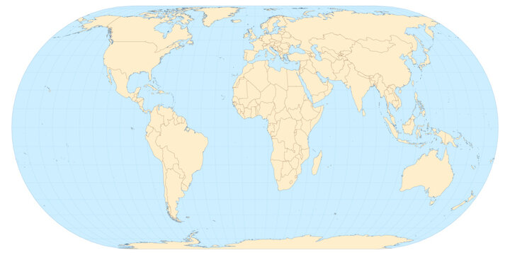 High-quality world map vector in Eckert IV projection with atlas-style colors and clean borders. Oval equal-area view. Editable vector, layers named by country (English).