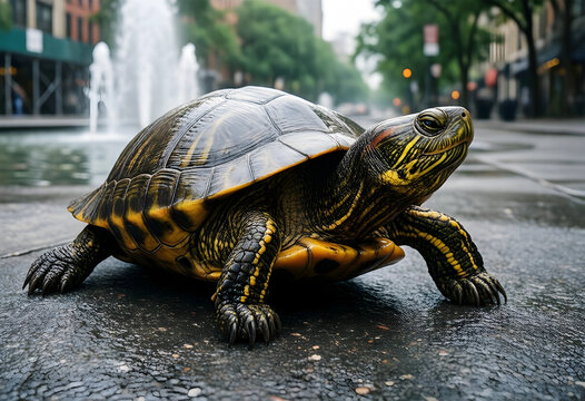 Patience and persistence concept, red-eared slider turtle walking on wet urban city street with fountain in background during a rainy day in the city